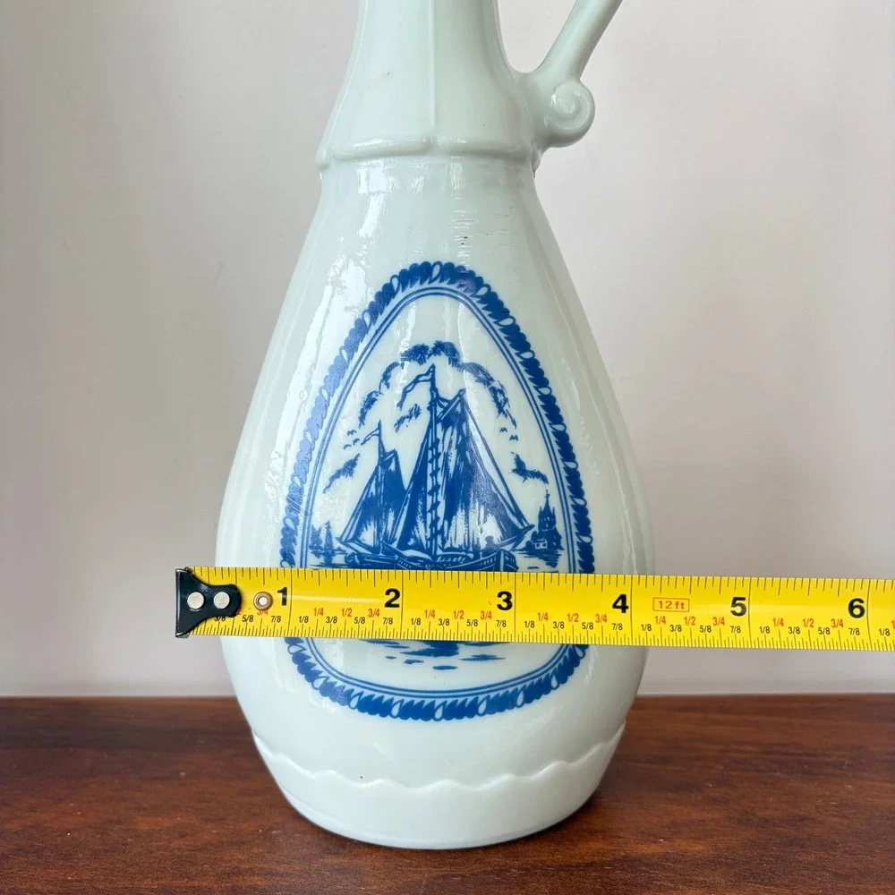 Vintage Milk Glass Nautical Sailboat Windmill Decanter Bottle Blue White 10.75in